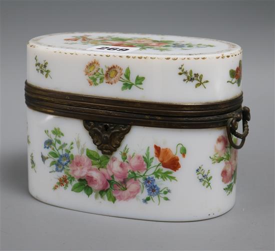 A Palais Royale floral painted opaque glass box length 15.5cm